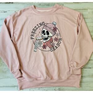 Halloween Skull Skeleton Freezing Season Pink Sweatshirt sz S